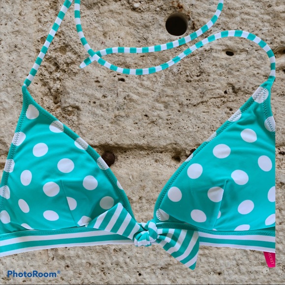 Victoria Secret Bikini Top Swimsuit Polka Dot Medium Green White  Tie Back - Picture 7 of 16